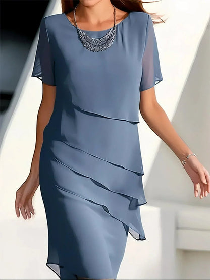 Lavisa - Women's Tiered Chiffon Cocktail Dress Round Neck Short Sleeve