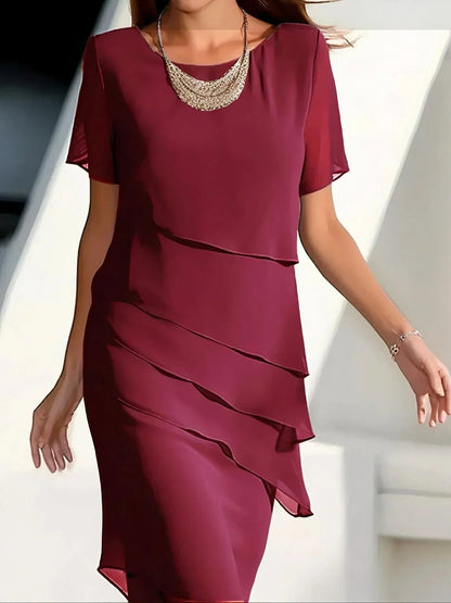 Lavisa - Women's Tiered Chiffon Cocktail Dress Round Neck Short Sleeve
