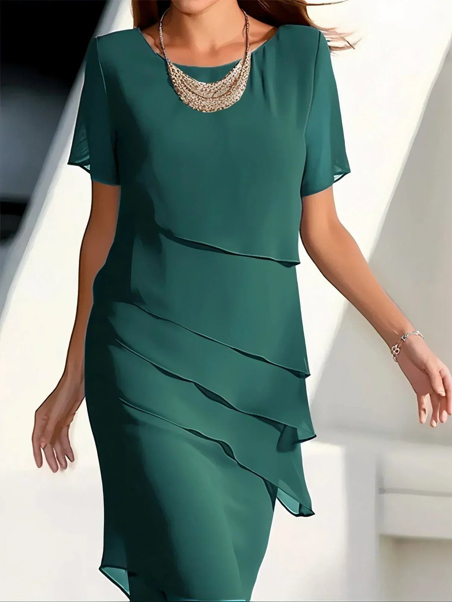 Lavisa - Women's Tiered Chiffon Cocktail Dress Round Neck Short Sleeve