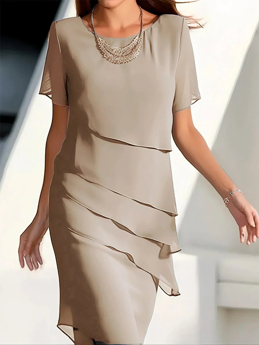 Lavisa - Women's Tiered Chiffon Cocktail Dress Round Neck Short Sleeve