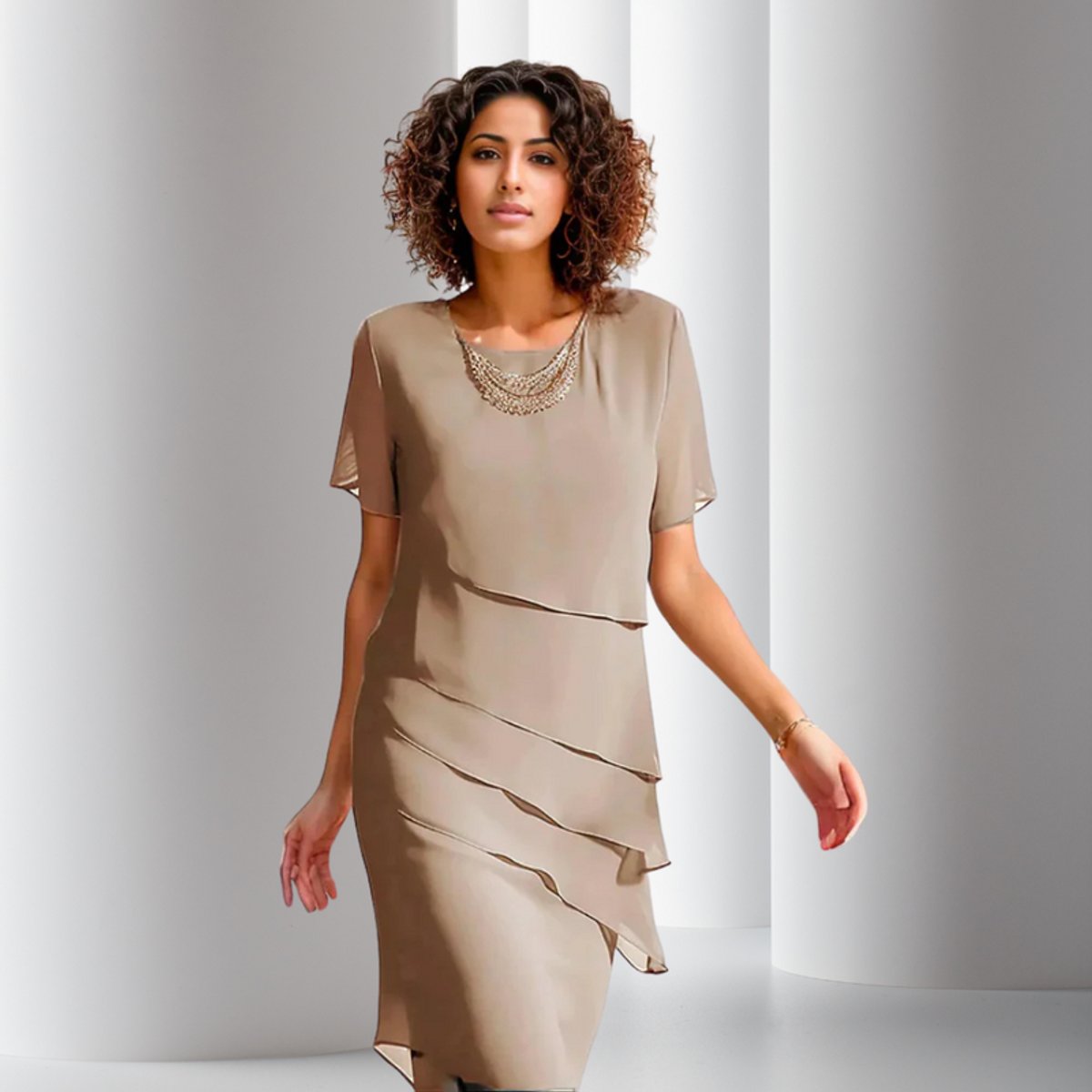 Women's Tiered Short-Sleeve Midi Cocktail Dress - Close-Up Texture & Detail | Lavisa
