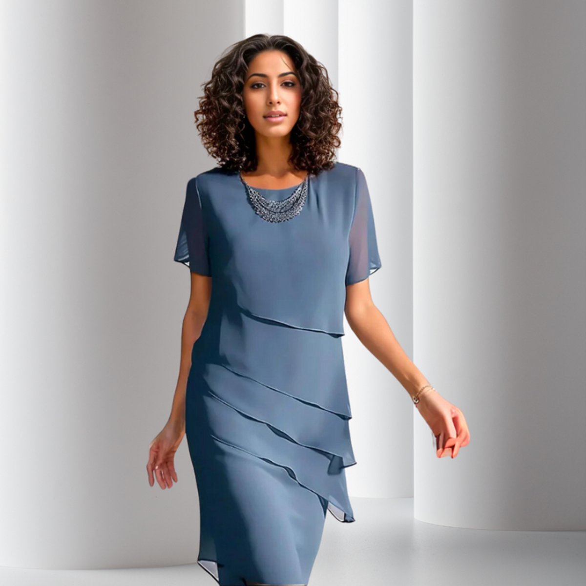 Women's Tiered Short-Sleeve Midi Cocktail Dress - Lifestyle & Model Angle | Lavisa