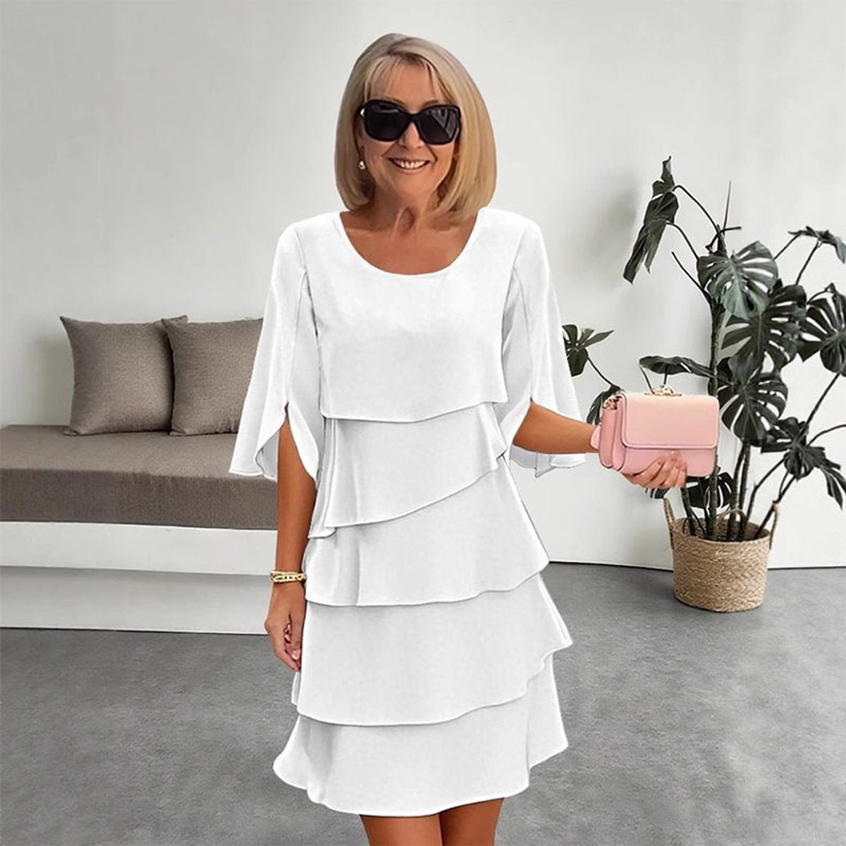 Tiered Ruffle-Sleeve Layered Midi Dress - Lifestyle & Model Angle | Lavisa