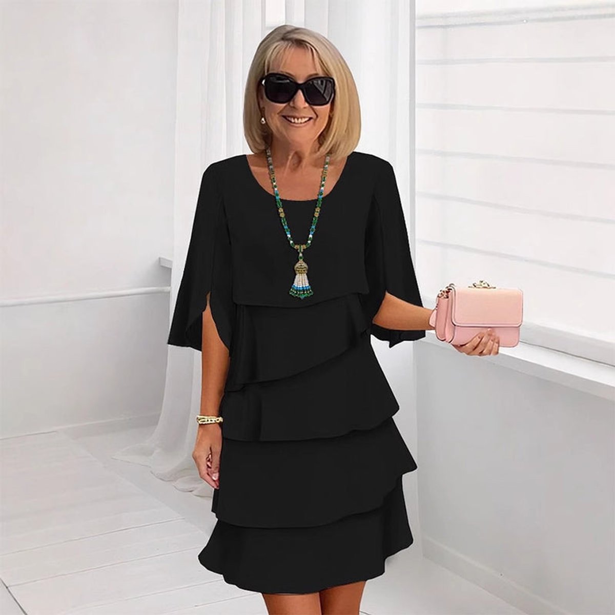 Tiered Ruffle-Sleeve Layered Midi Dress - Variant Angle | Lavisa
