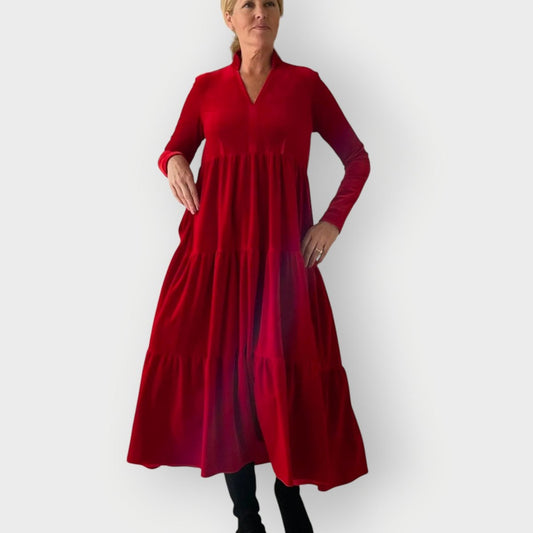 Women's Tiered Velvet Maxi Formal Dress Long Sleeve V-Neck - Front View | Lavisa