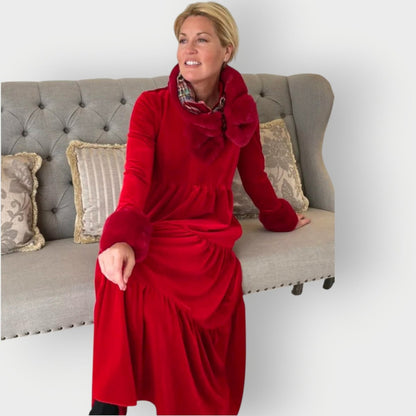 Women's Tiered Velvet Maxi Formal Dress Long Sleeve V-Neck - Side Angle | Lavisa