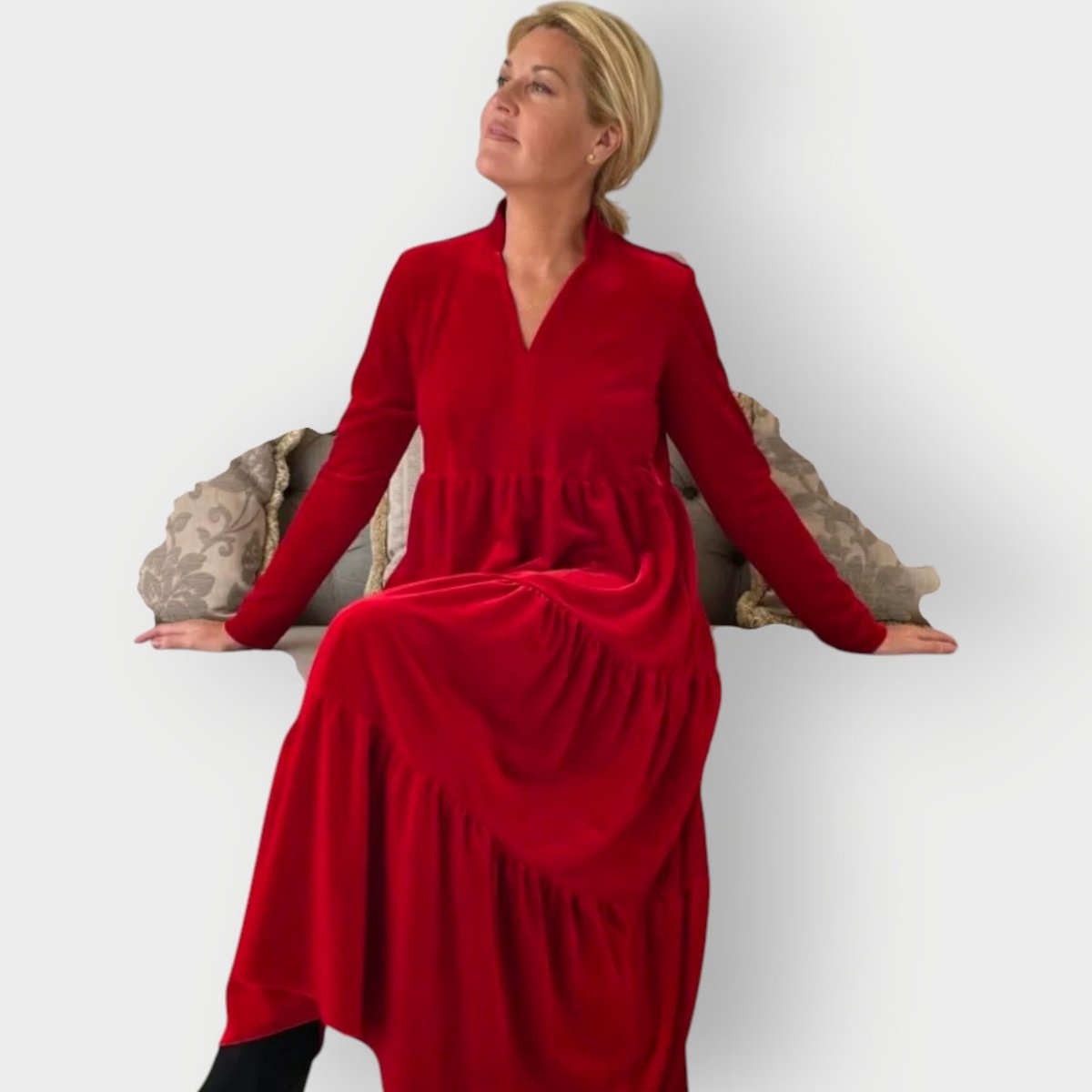Women's Tiered Velvet Maxi Formal Dress Long Sleeve V-Neck - Back View | Lavisa