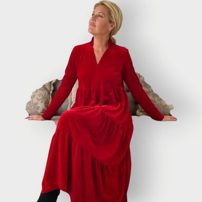 Women's Tiered Velvet Maxi Formal Dress Long Sleeve V-Neck - Back View | Lavisa