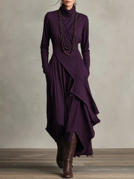 Lavisa - Turtleneck Asymmetric Maxi Long Sleeve Dress
