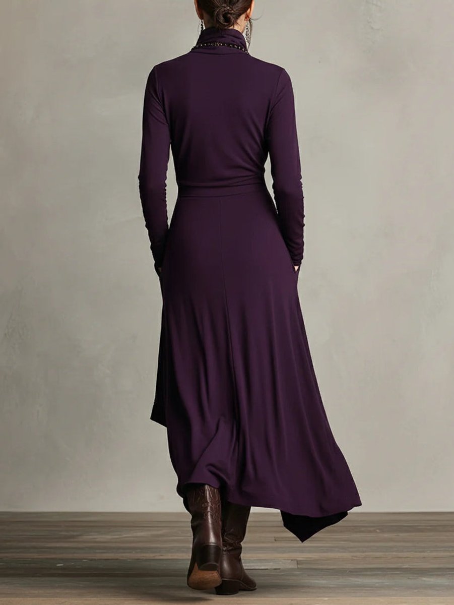 Turtleneck Asymmetric Maxi Long Sleeve Dress - Side Angle | Lavisa