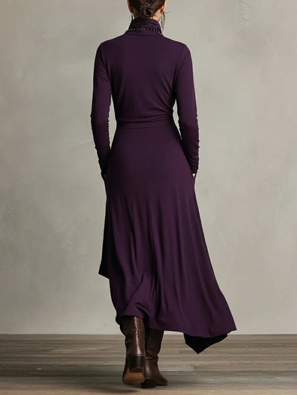 Turtleneck Asymmetric Maxi Long Sleeve Dress - Side Angle | Lavisa
