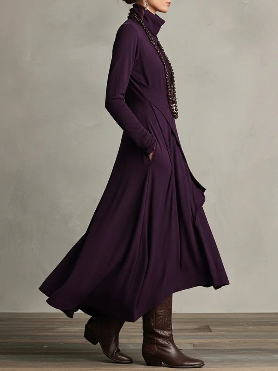 Turtleneck Asymmetric Maxi Long Sleeve Dress - Back View | Lavisa