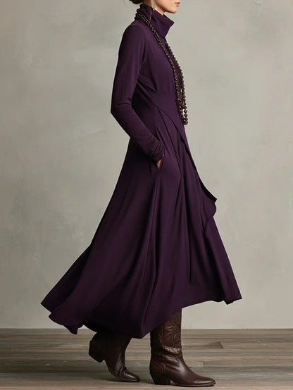 Turtleneck Asymmetric Maxi Long Sleeve Dress - Back View | Lavisa