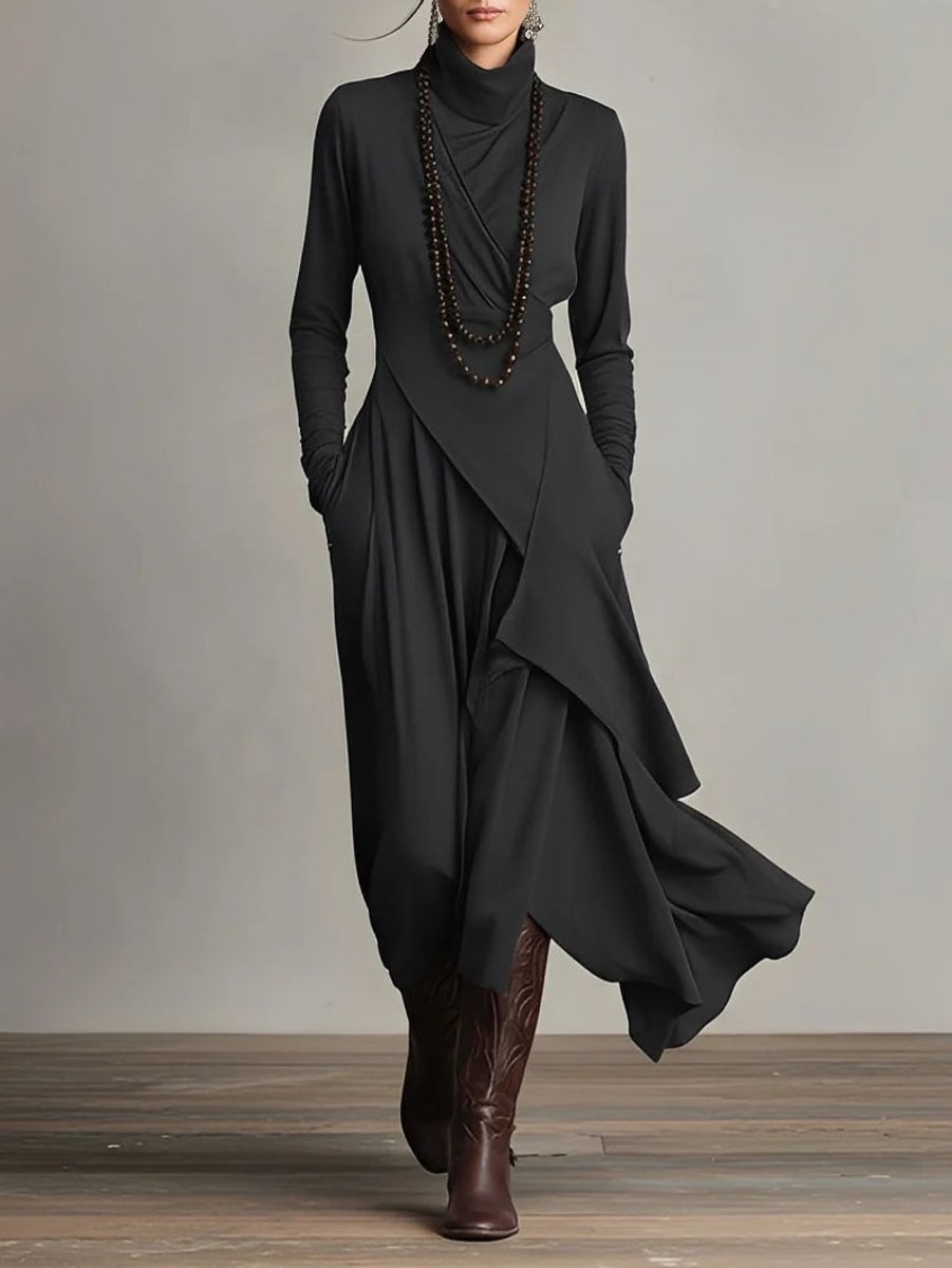 Turtleneck Asymmetric Maxi Long Sleeve Dress - Close-Up Texture & Detail | Lavisa