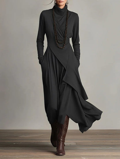Turtleneck Asymmetric Maxi Long Sleeve Dress - Close-Up Texture & Detail | Lavisa