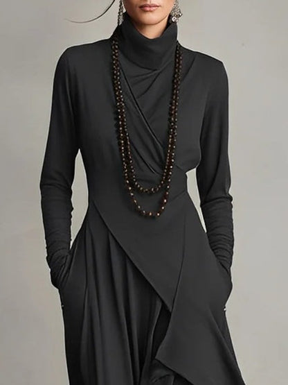 Turtleneck Asymmetric Maxi Long Sleeve Dress - Sole & Material View | Lavisa