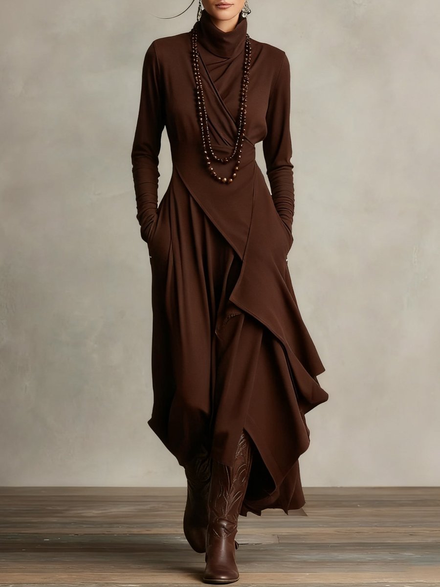 Turtleneck Asymmetric Maxi Long Sleeve Dress - Lifestyle & Model Angle | Lavisa