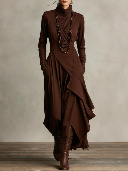 Turtleneck Asymmetric Maxi Long Sleeve Dress - Lifestyle & Model Angle | Lavisa