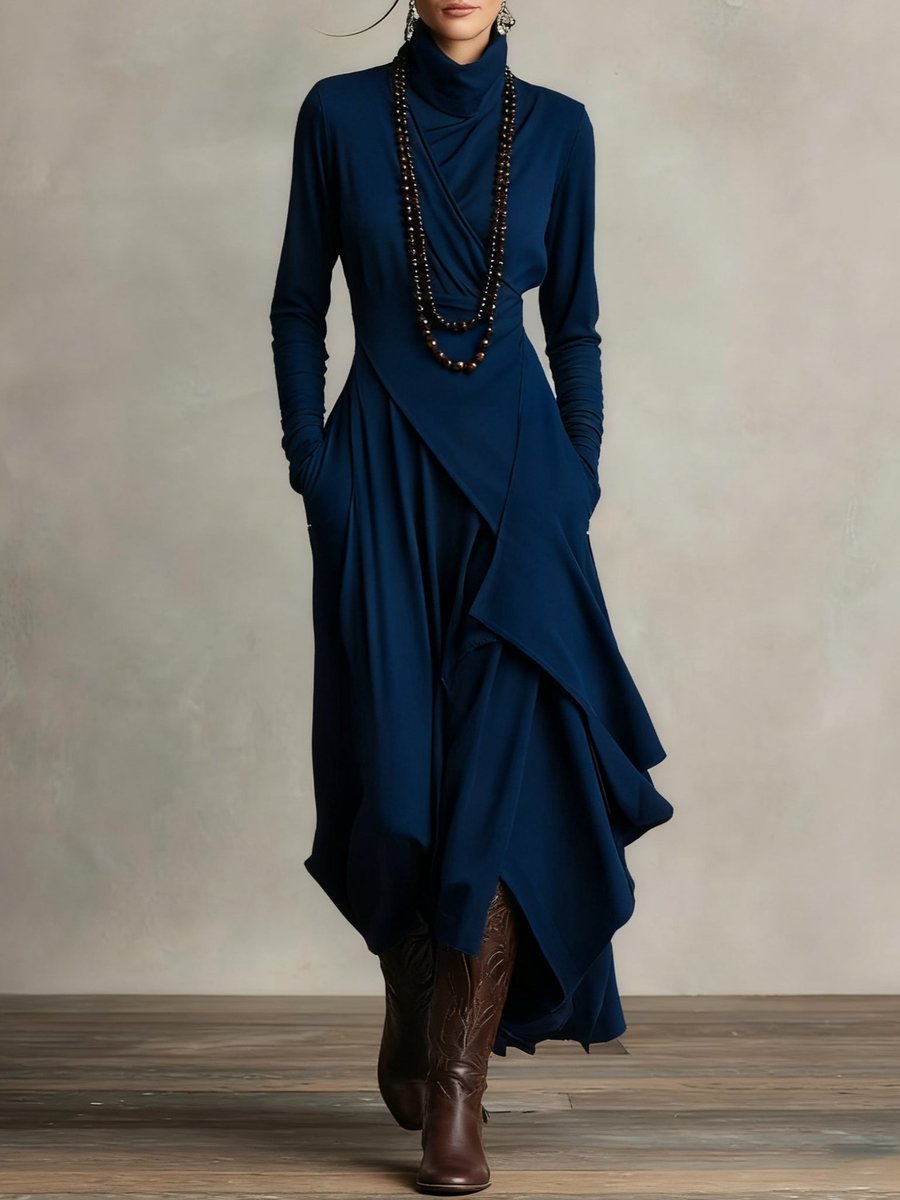 Turtleneck Asymmetric Maxi Long Sleeve Dress - Variant Angle | Lavisa