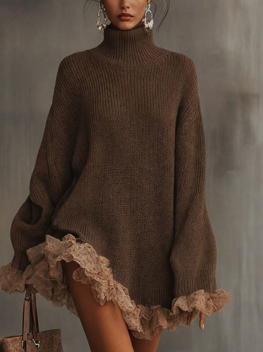 Women's Turtleneck Knit Lace-Hem Formal Dresses Oversized Mini - Front View | Lavisa