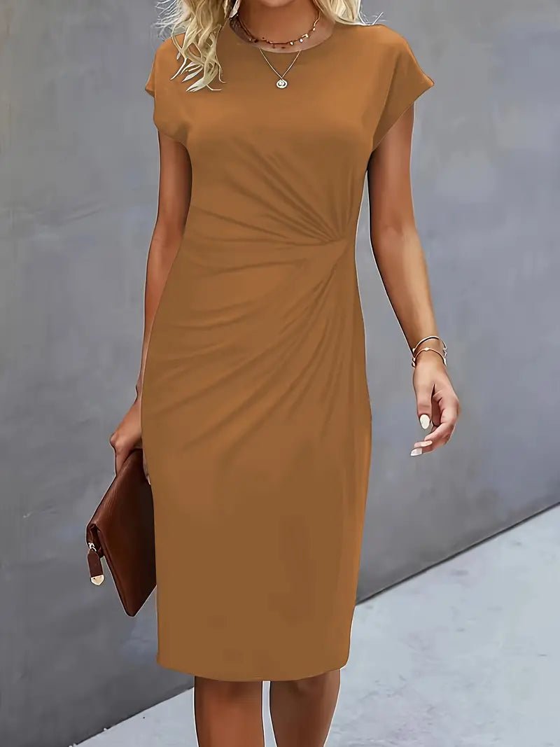 Women's Twist-Ruched Waist Cap Sleeve Bodycon Midi Dress - Close-Up Texture & Detail | Lavisa
