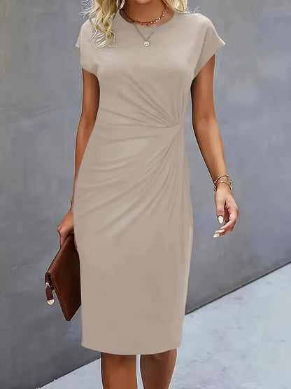 Women's Twist-Ruched Waist Cap Sleeve Bodycon Midi Dress - Sole & Material View | Lavisa