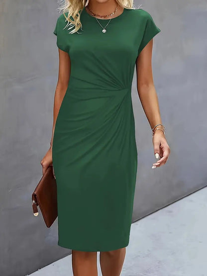 Women's Twist-Ruched Waist Cap Sleeve Bodycon Midi Dress - Lifestyle & Model Angle | Lavisa