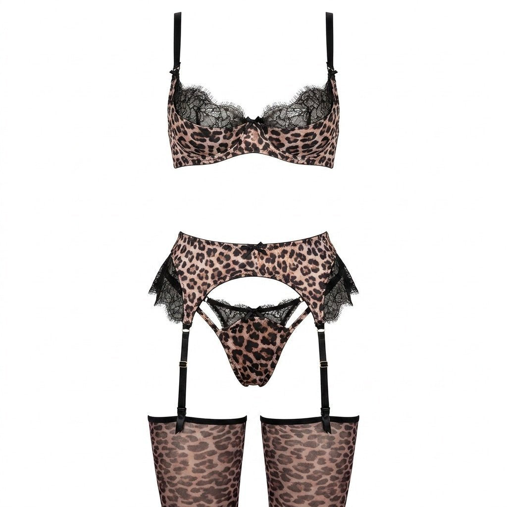 Women's Underwired Leopard Print Black Lace Lingerie Set - Side Angle | Lavisa
