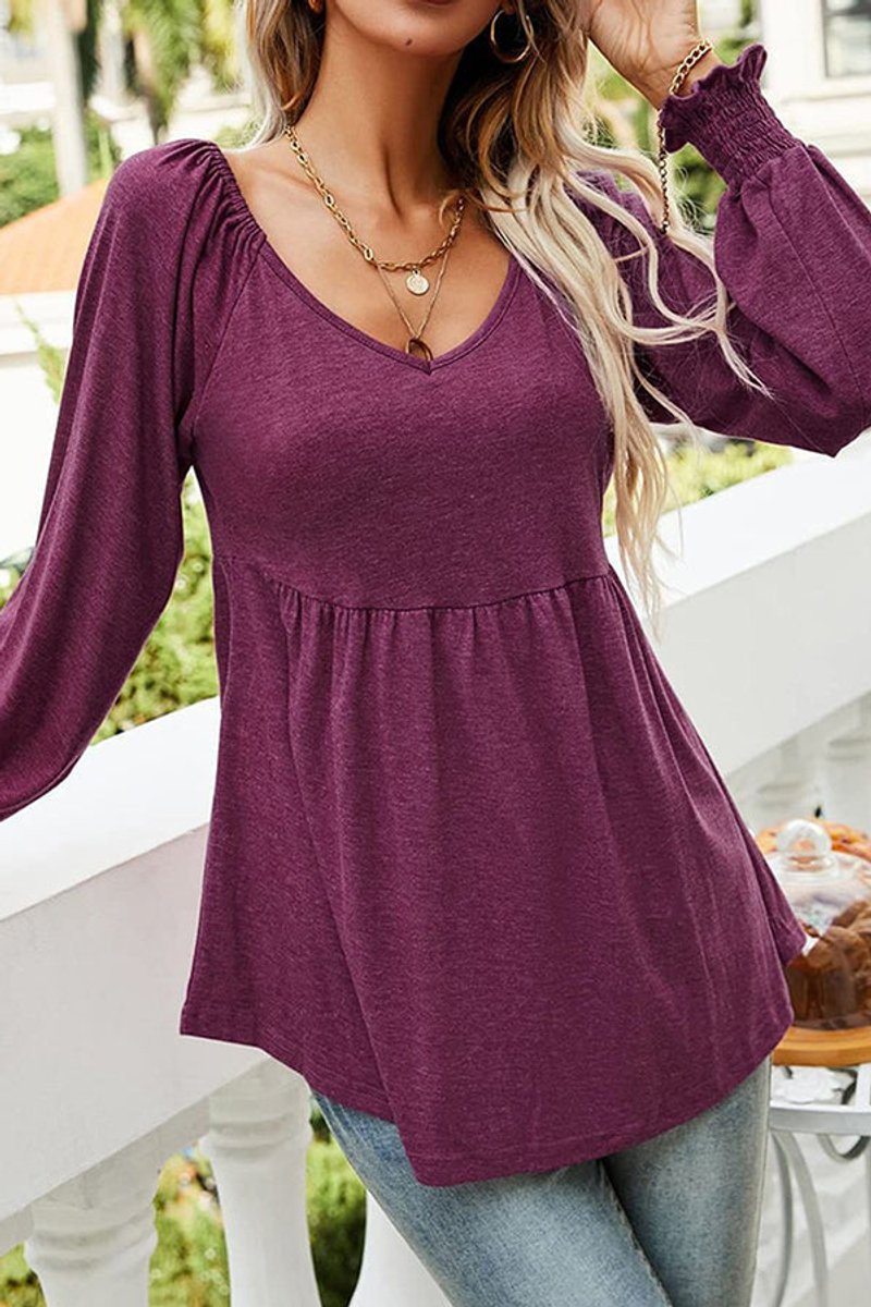 Women's V-Neck Babydoll Long-Sleeve Smocked-Cuff Tunic - Variant Style 11 | Lavisa