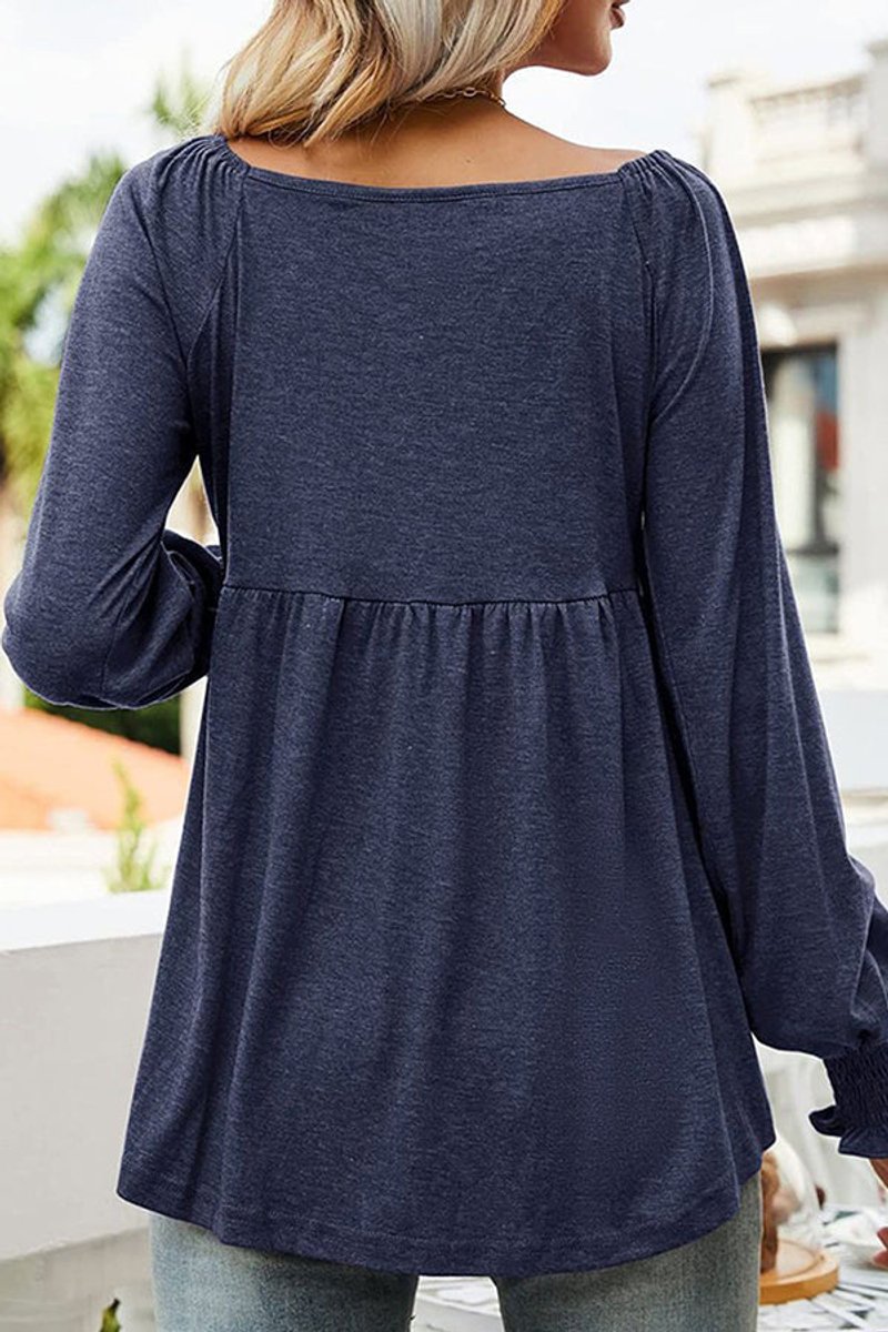 Women's V-Neck Babydoll Long-Sleeve Smocked-Cuff Tunic - Back View | Lavisa