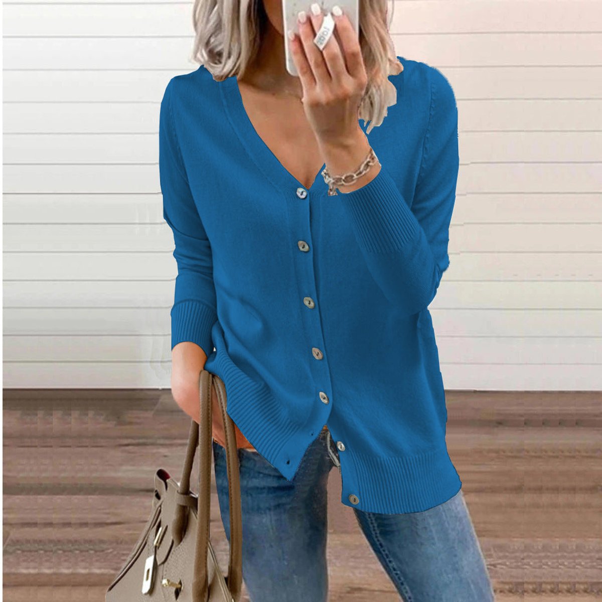 Women's V-Neck Button-Front Knit Cardigan - Front View | Lavisa