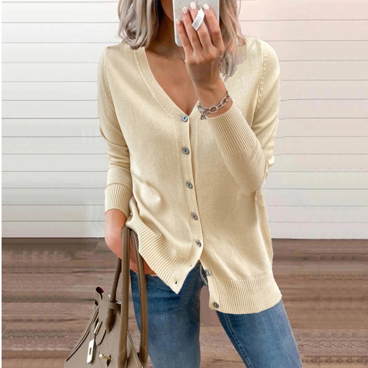 Women's V-Neck Button-Front Knit Cardigan - Side Angle | Lavisa