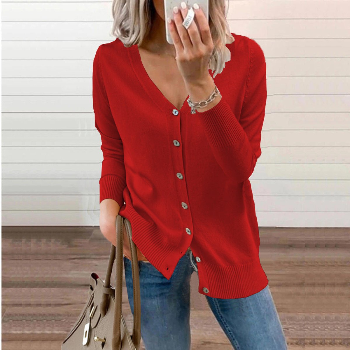 Women's V-Neck Button-Front Knit Cardigan - Lifestyle & Model Angle | Lavisa