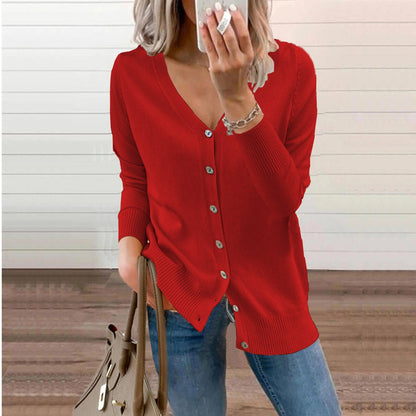 Women's V-Neck Button-Front Knit Cardigan - Lifestyle & Model Angle | Lavisa