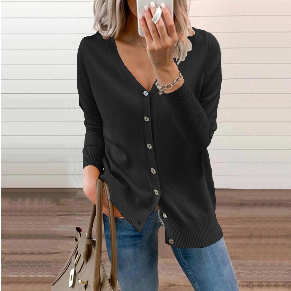 Women's V-Neck Button-Front Knit Cardigan - Variant Angle | Lavisa