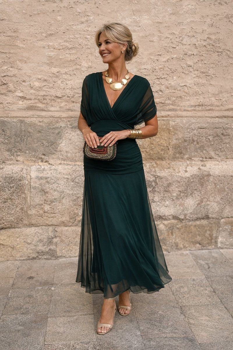 Women's V-Neck Pleated Waist Maxi Cocktail Dress - Front View | Lavisa