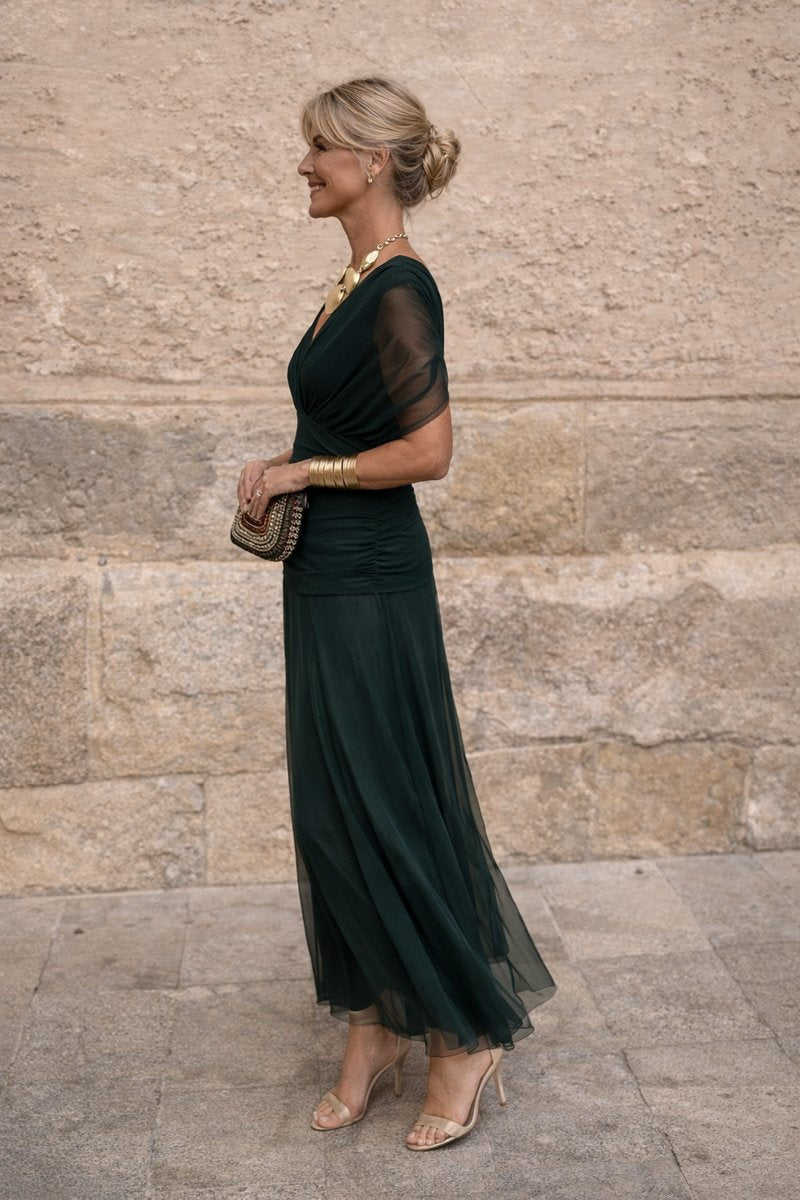 Women's V-Neck Pleated Waist Maxi Cocktail Dress - Side Angle | Lavisa