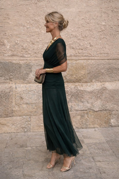 Women's V-Neck Pleated Waist Maxi Cocktail Dress - Side Angle | Lavisa