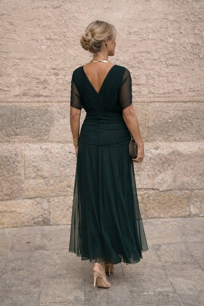 Women's V-Neck Pleated Waist Maxi Cocktail Dress - Back View | Lavisa