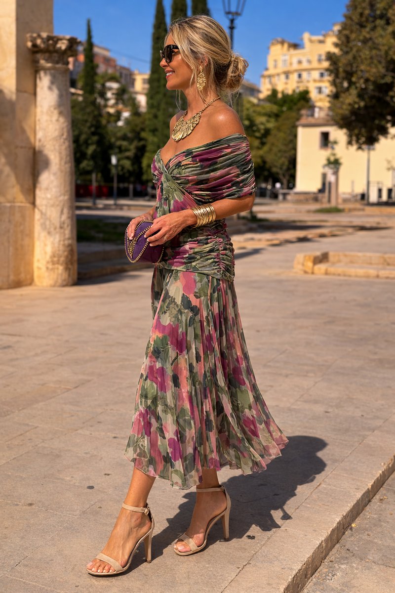Women's V-Neck Pleated Waist Maxi Cocktail Dress - Sole & Material View | Lavisa