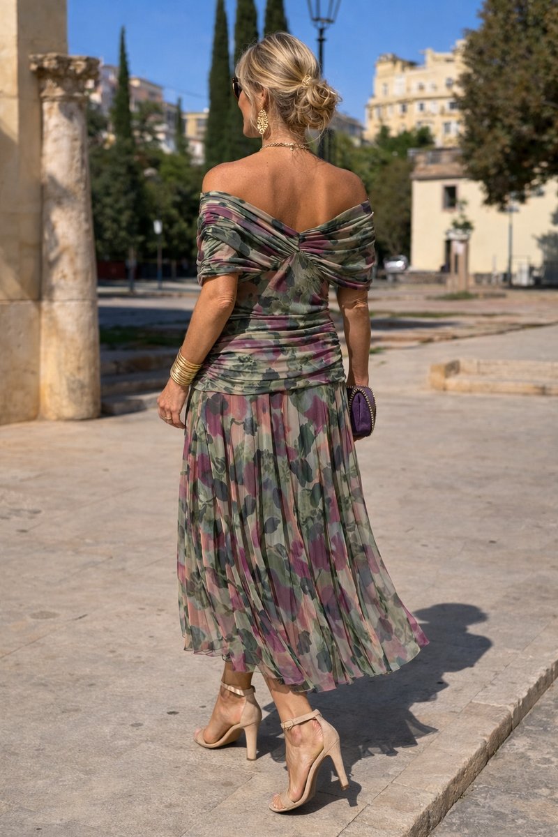 Women's V-Neck Pleated Waist Maxi Cocktail Dress - Lifestyle & Model Angle | Lavisa