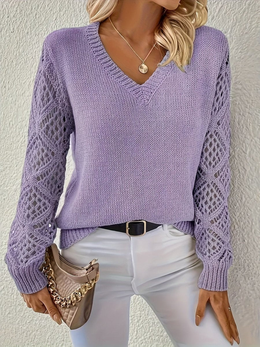 Women's V-Neck Hollow-Sleeve Knit Sweater Jumper - Variant Style 9 | Lavisa