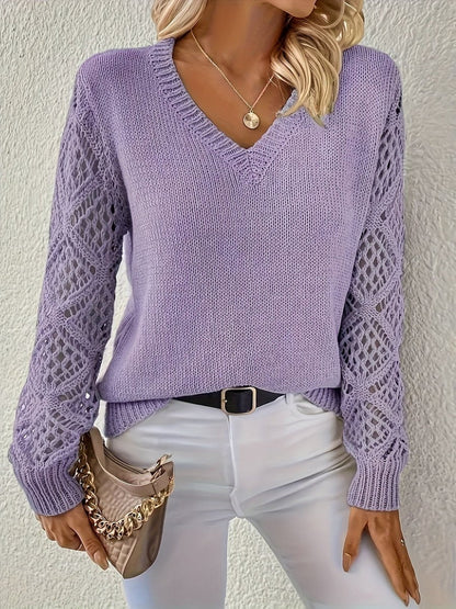 Women's V-Neck Hollow-Sleeve Knit Sweater Jumper - Variant Style 9 | Lavisa