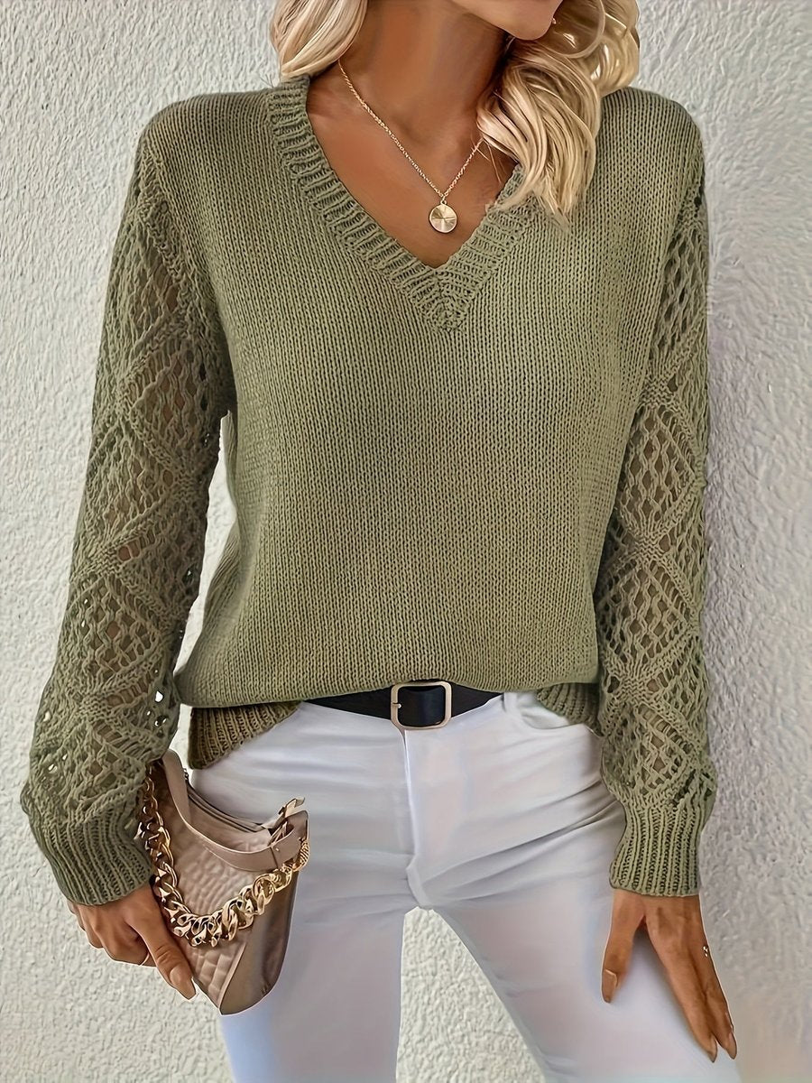 Women's V-Neck Hollow-Sleeve Knit Sweater Jumper - Front View | Lavisa