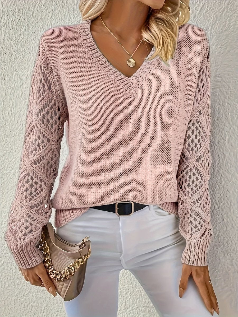 Women's V-Neck Hollow-Sleeve Knit Sweater Jumper - Variant Angle | Lavisa