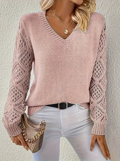 Women's V-Neck Hollow-Sleeve Knit Sweater Jumper - Variant Angle | Lavisa