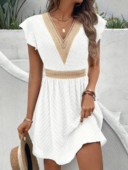 Women's V-Neck Lace-Trim Cap-Sleeve Flared Mini Dress - Back View | Lavisa
