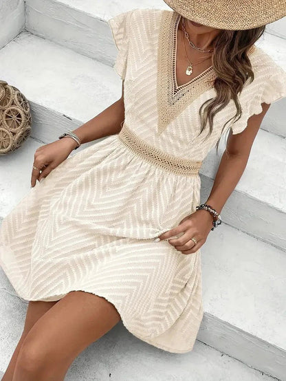 Women's V-Neck Lace-Trim Cap-Sleeve Flared Mini Dress - Sole & Material View | Lavisa