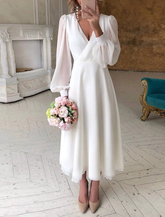 Lavisa - Elegant V-Neck Puff Sleeve Midi Bridal Dress