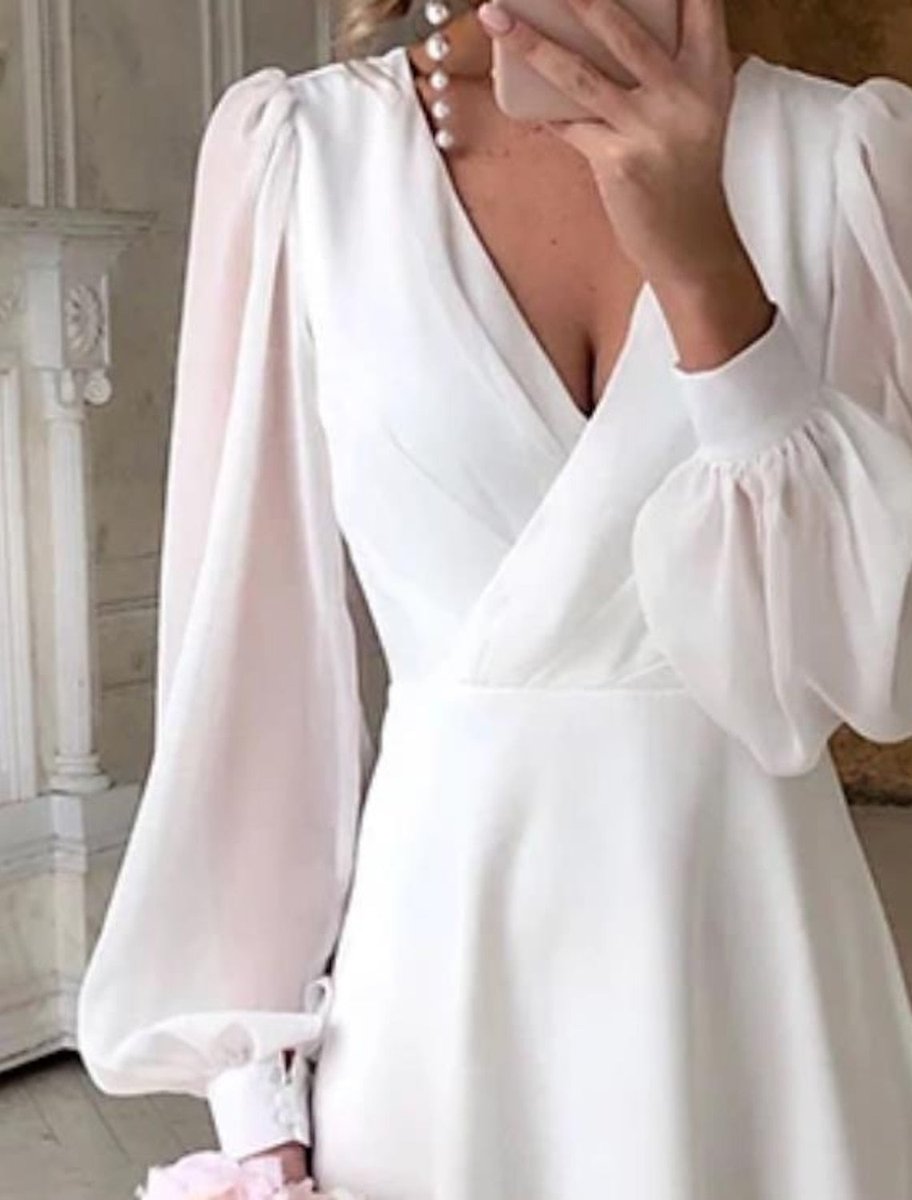 Elegant V-Neck Puff Sleeve Midi Bridal Dress - Side Angle | Lavisa